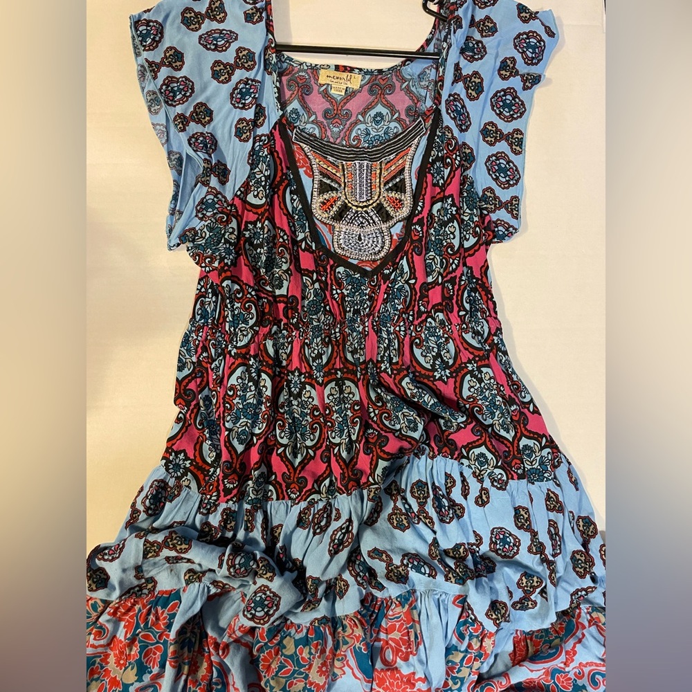ONE WORLD Blue & Pink Embellished Boho Mini Dress